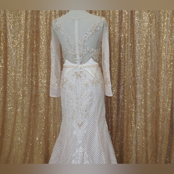 Blush Pink Lace Evening Gown | Long Sleeve Formal Wedding / Prom Dress | Size 8 - Picture 8 of 8